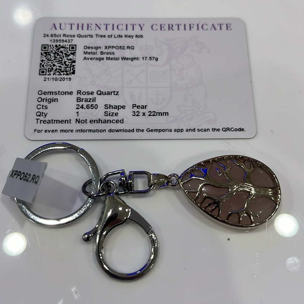 AUTHENTIC 24.65ct ROSE QUARTZ TREE OF LIFE KEY FOB PEAR SHAPE BRAND NEW